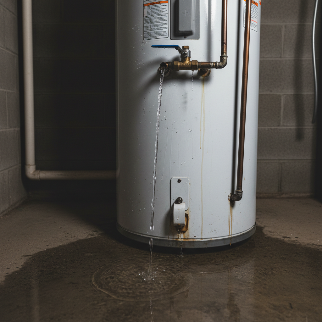 Top Water Heater Leak at Relief Valve & Connections Water heater leaking from top showing water droplets from relief valve and pipe connections in utility room