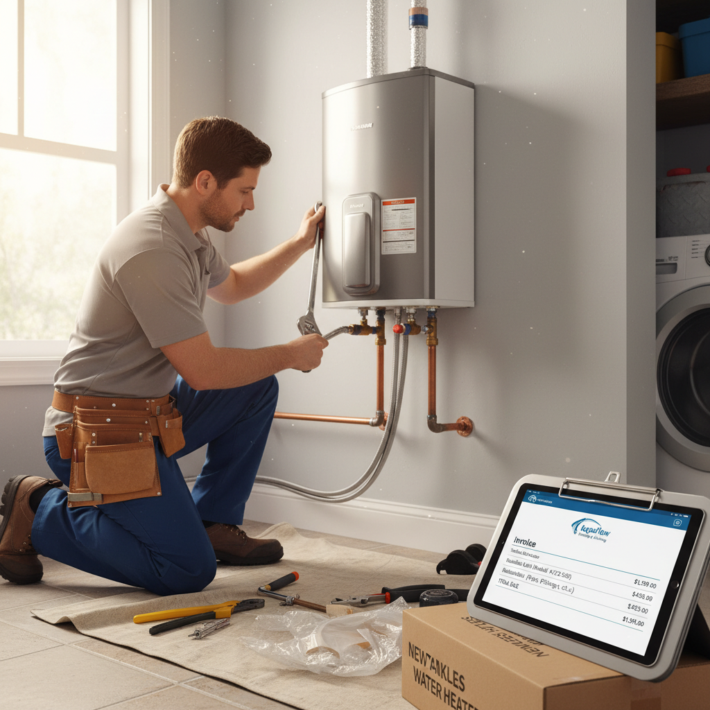 Tankless Water Heater Installation & Pricing Professional plumber installing tankless water heater with cost estimate showing installation expenses