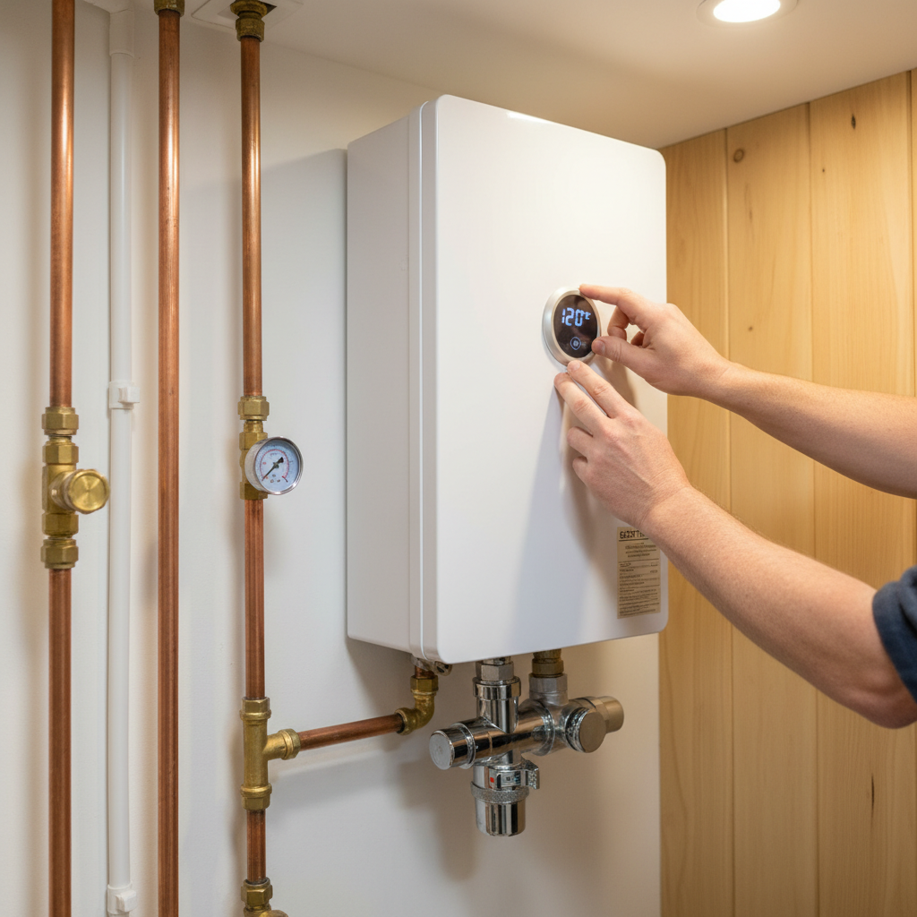 Adjusting Water Heater Settings and Mixing Valve Homeowner adjusting water heater temperature dial and mixing valve to fix cold shower issue