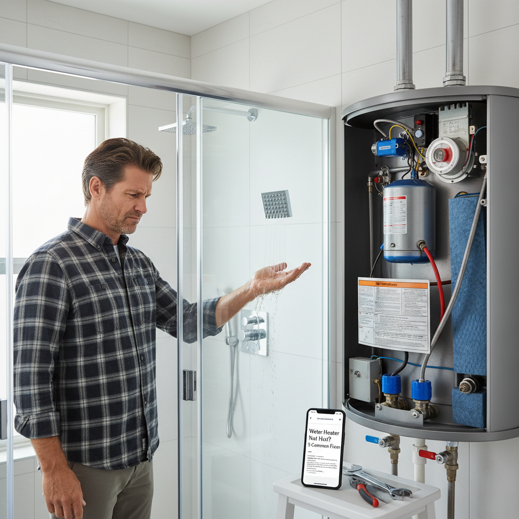 Diagnosing Cold Shower Water Heater Issues Homeowner testing cold shower water while residential water heater shows internal components for cold shower fix