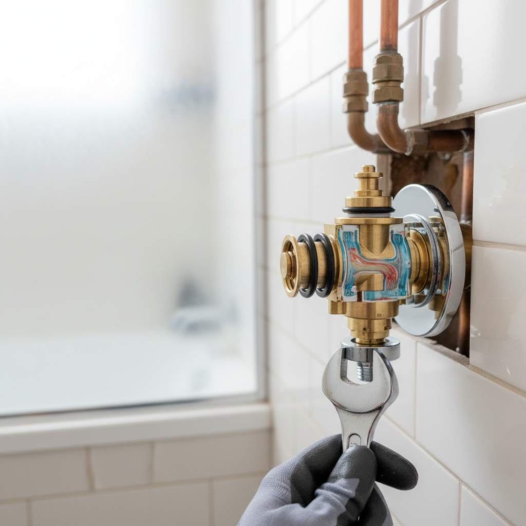 Shower Valve Internal Components Close-Up Chrome shower valve mechanism showing pressure-balancing cartridge to fix hot and cold temperature fluctuations