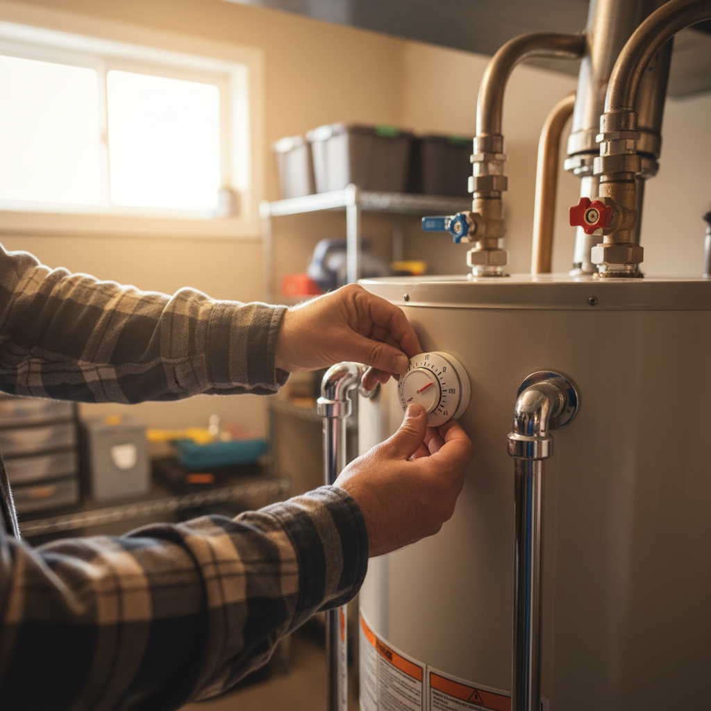 Adjusting Water Heater Temperature Controls Homeowner adjusting water heater temperature dial to fix cold shower issue in residential basement