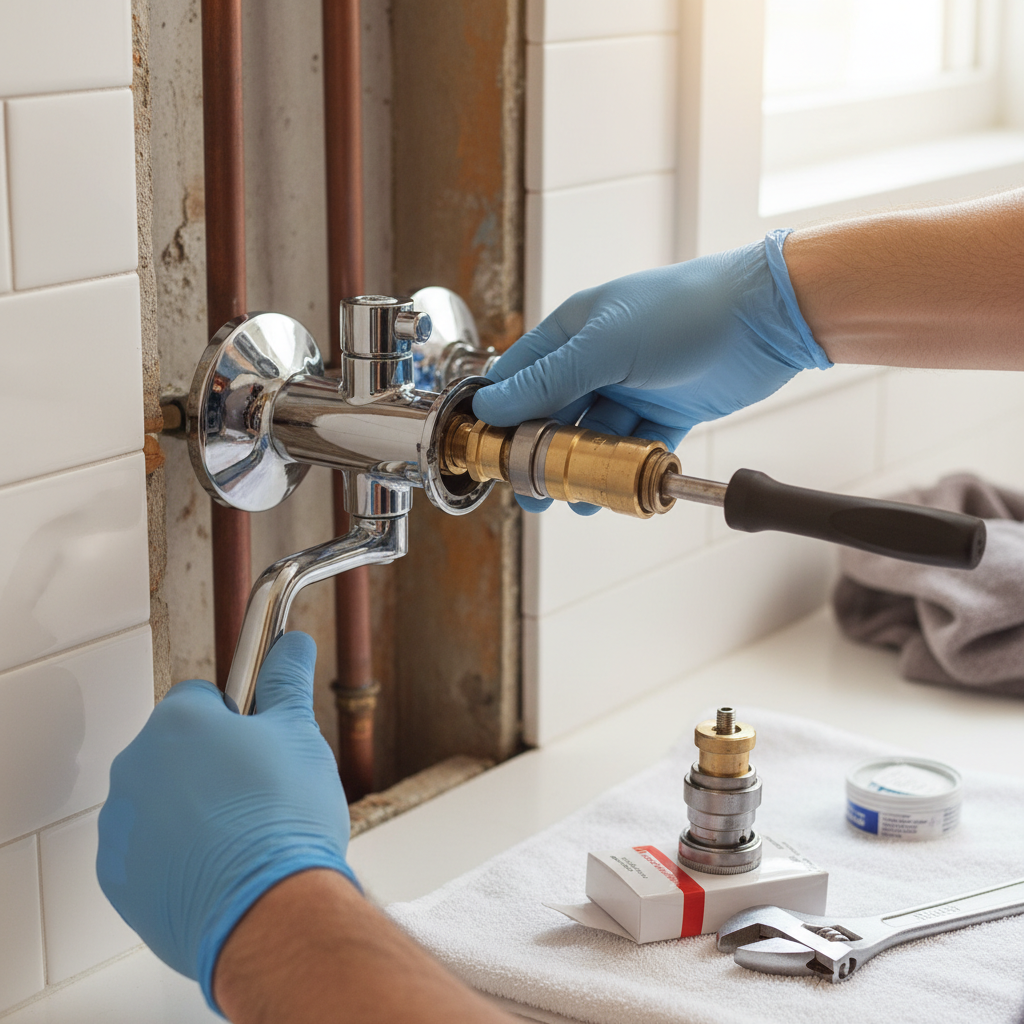 Shower Valve Cartridge Replacement in Progress Plumber hands replacing faulty thermostatic cartridge to fix shower temperature fluctuations