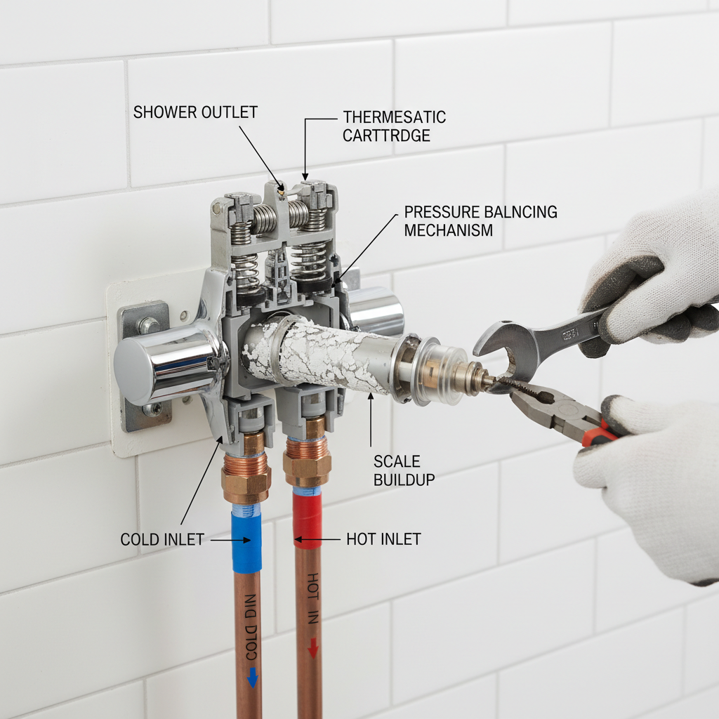 Shower Mixing Valve Internal Components Cutaway view of thermostatic shower valve showing how to fix temperature fluctuations in hot and cold shower