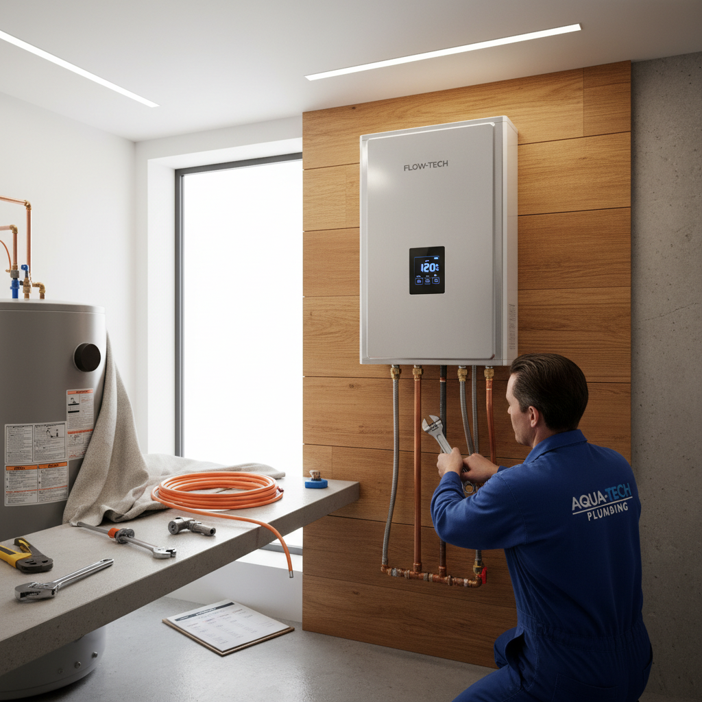Tankless Water Heater Professional Installation Modern tankless water heater wall installation showing compact unit and professional setup for replacement cost comparison