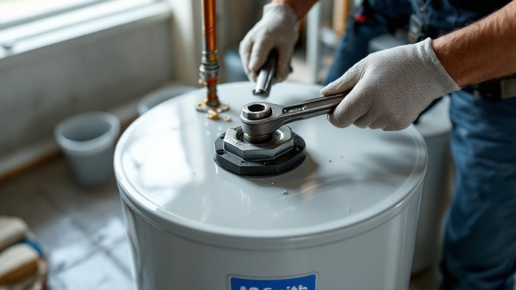 AO Smith Water Heater Anode Rod Removal Process Technician replacing corroded anode rod on AO Smith water heater using socket wrench in professional setting