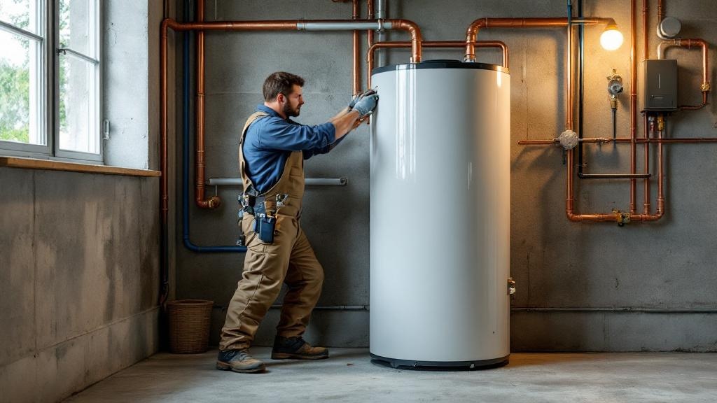 Electric Water Heater Replacement Installation Professional plumber installing new electric water heater in residential utility room with old unit in background