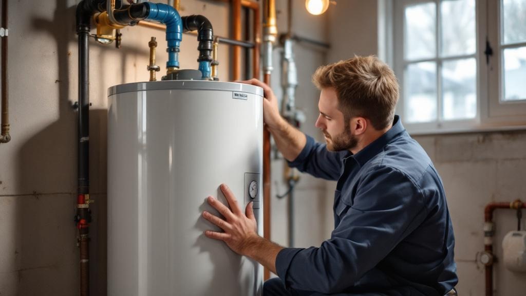Gas Water Heater Replacement Installation Process Professional plumber installing new gas hot water heater showing blue gas line connections and energy rating label