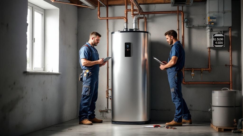 Water Heater Replacement Cost Overview Professional plumber installing modern water heater showing average replacement cost breakdown
