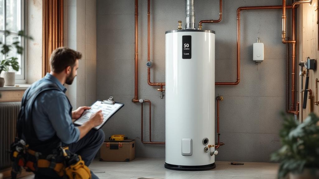 50-Gallon Water Heater Replacement Installation Professional plumber installing 50-gallon water heater showing replacement cost considerations