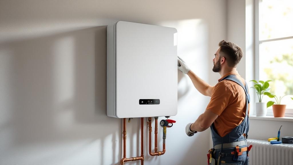 Tankless Water Heater Installation in Progress Professional installing modern tankless water heater on wall showing compact design for water heater replacement
