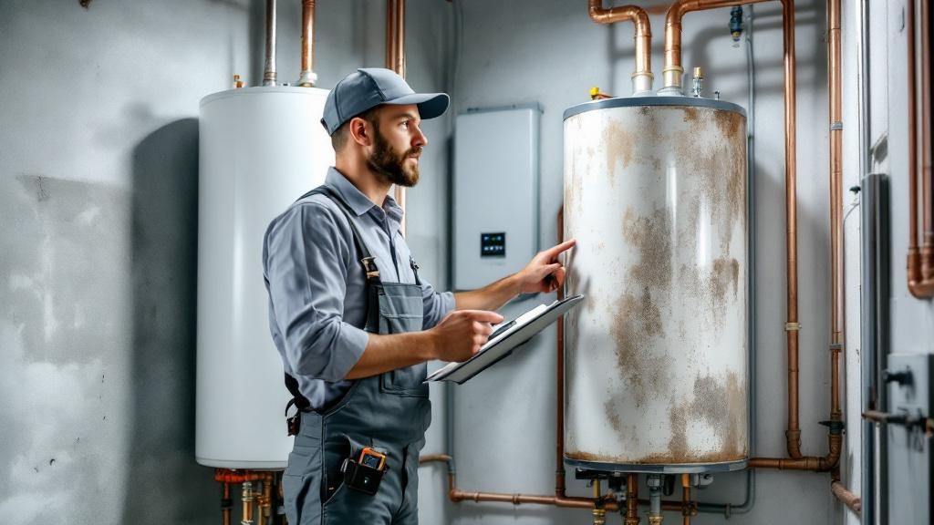 Expert Assessment: Water Heater Repair vs Replace Professional plumber evaluating electric water heater replacement options in residential utility room