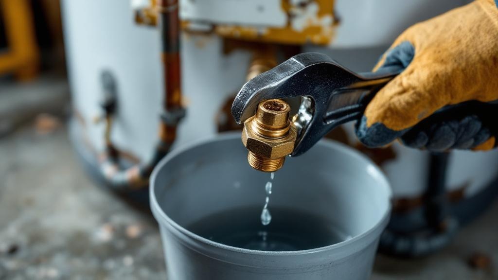 Removing Old Water Heater Drain Valve Close-up of hands using wrench for water heater drain valve replacement with bucket catching water
