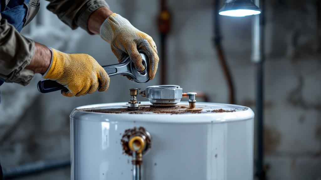 Water Heater Anode Rod Replacement Process Professional plumber replacing corroded anode rod in residential water heater tank using socket wrench