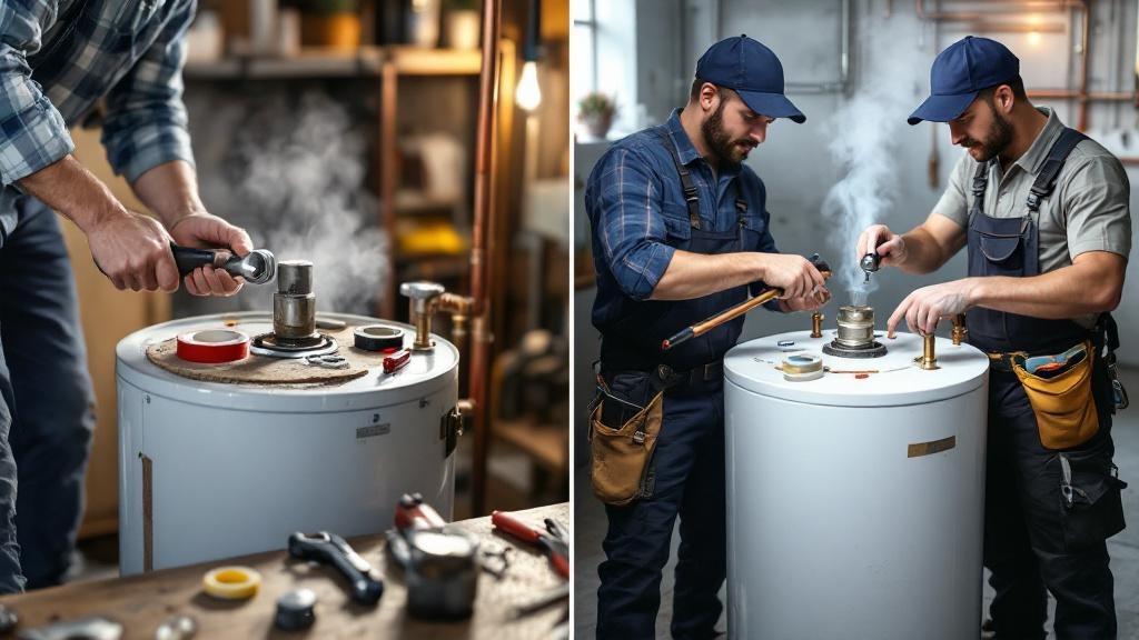 DIY vs Professional Water Heater Rod Installation Water heater anode rod replacement showing DIY homeowner and professional plumber side-by-side comparison