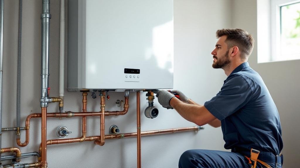 Expert Tankless Water Heater Installation Service Professional plumber installing modern tankless water heater on wall with tools and pipes