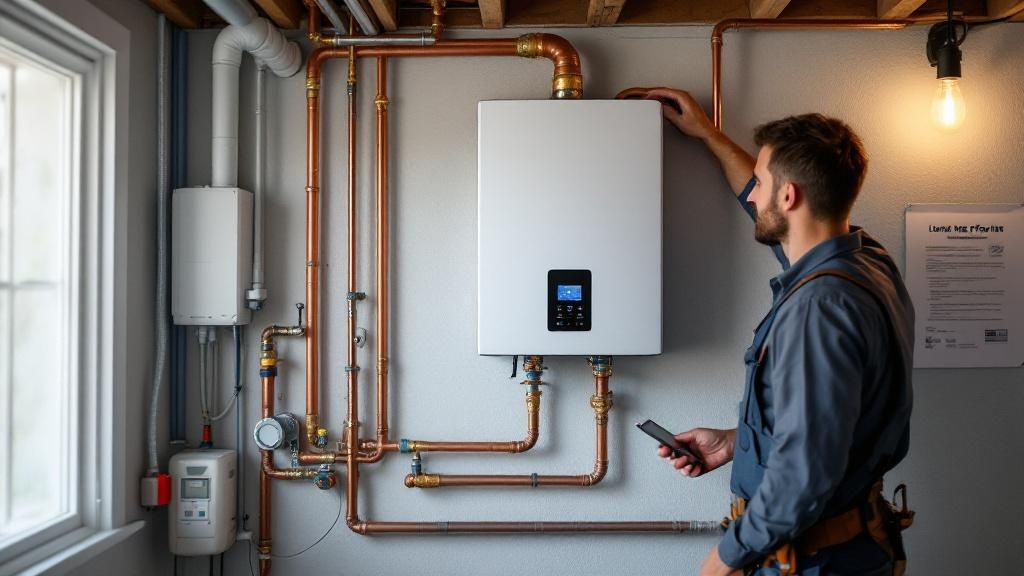 Tankless Water Heater Installation Process Professional tankless water heater installation in Miller Place home showing plumber connecting gas and water lines