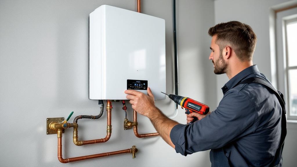 Tankless Electric Water Heater Installation Process Professional electrician installing compact tankless electric water heater on wall with electrical connections