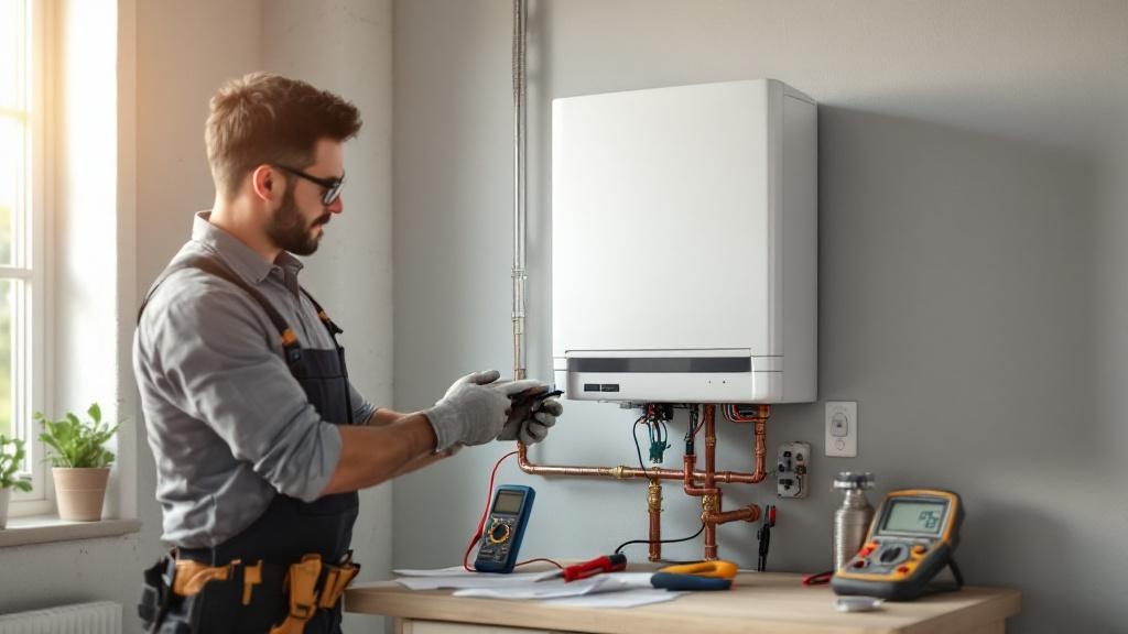 Electric Tankless Water Heater Professional Installation Professional electrician installing electric tankless water heater, connecting wiring to wall-mounted unit