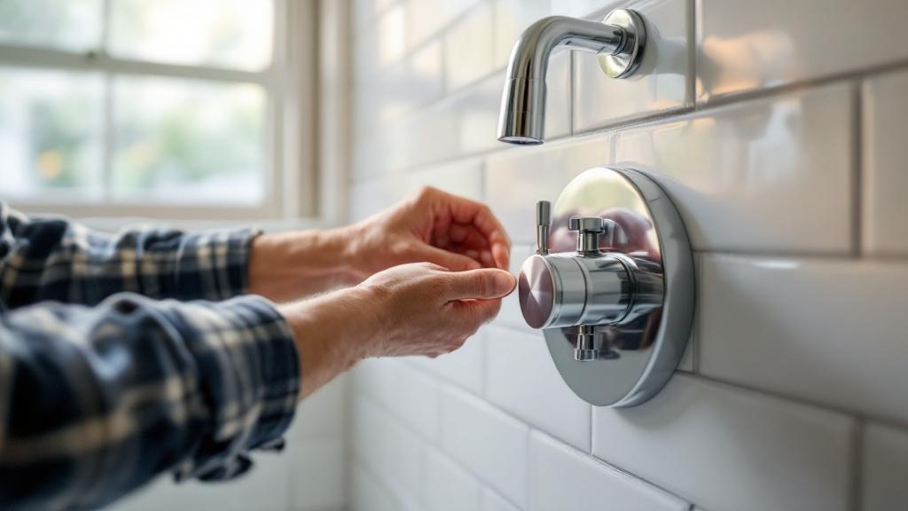 Adjusting Shower Temperature Control Valve Homeowner adjusting shower temperature control valve to fix cold shower issue in modern bathroom