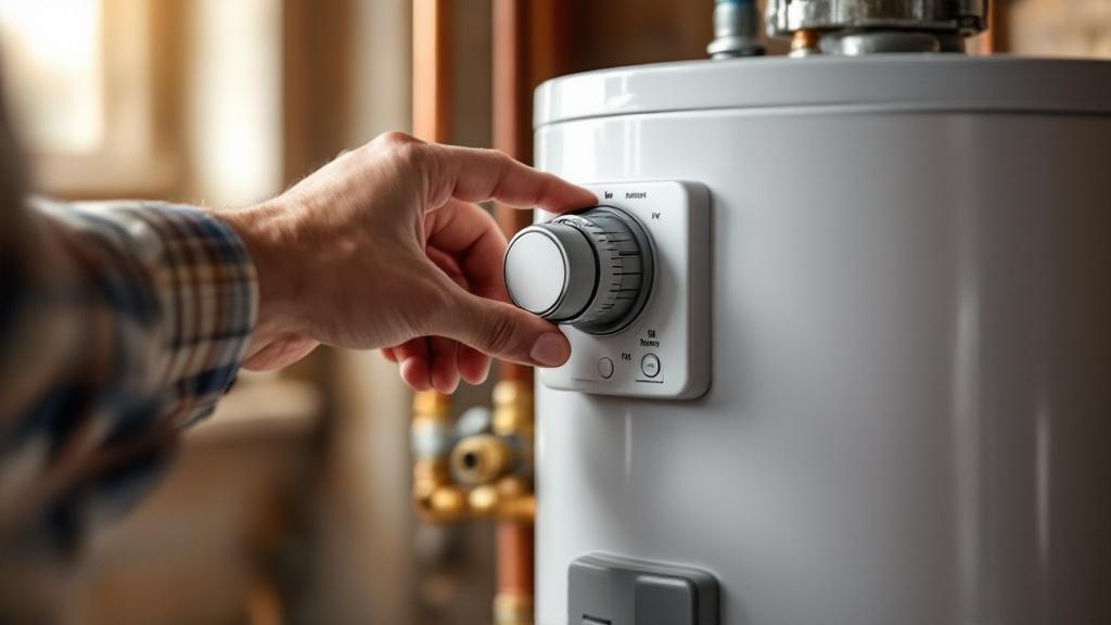 Adjusting Water Heater Temperature Control Hands adjusting water heater thermostat to fix cold shower problem in home utility room