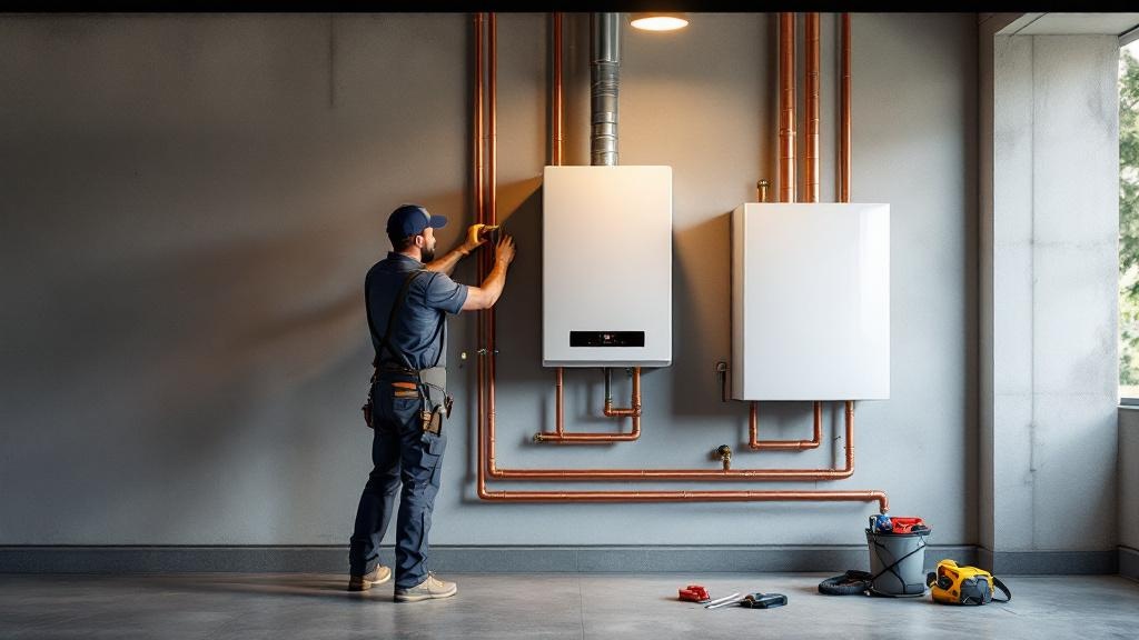 Gas Tankless Water Heater Professional Installation Professional technician installing a modern gas tankless water heater on wall showing installation cost factors