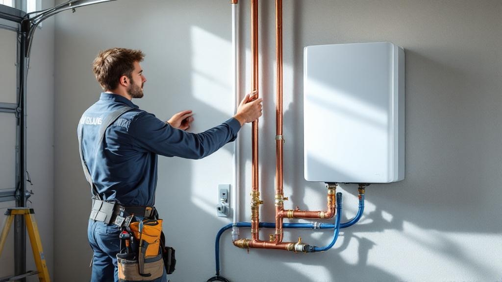 Tankless Gas Water Heater Professional Setup Professional installation of wall-mounted tankless gas water heater showing gas lines and water connections