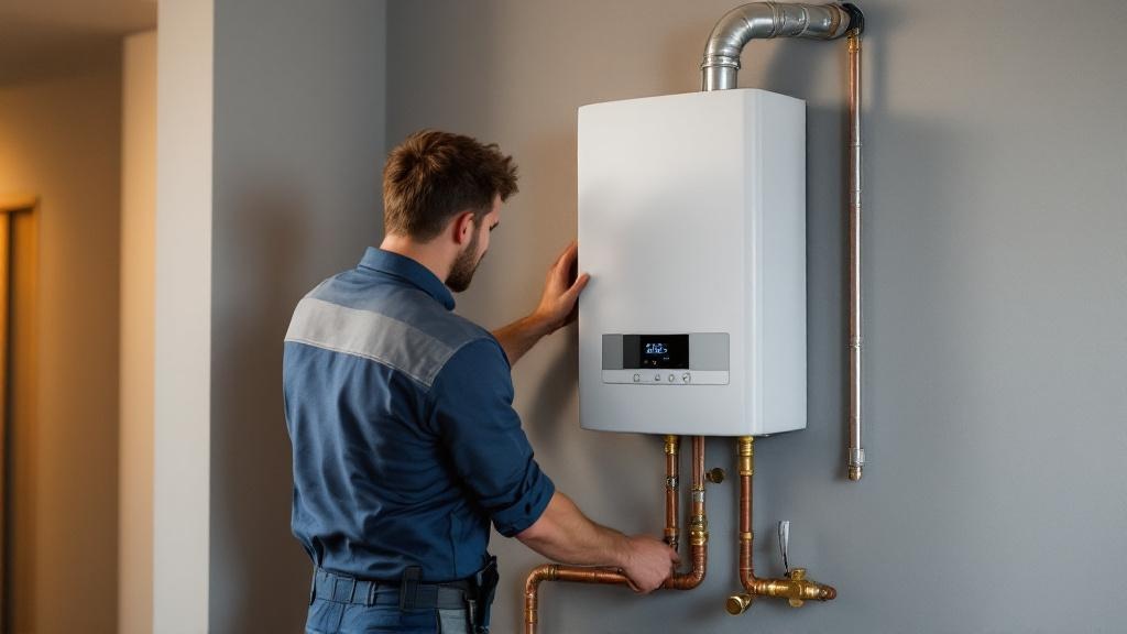 Tankless Gas Water Heater Professional Installation Professional plumber installing tankless gas water heater with visible gas line connections and venting