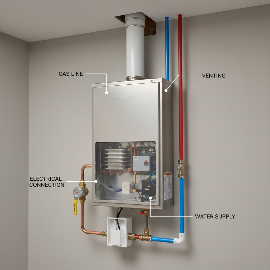 Tankless Water Heater Infrastructure Requirements Cutaway view showing tankless water heater installation requirements including gas lines, electrical, and venting systems