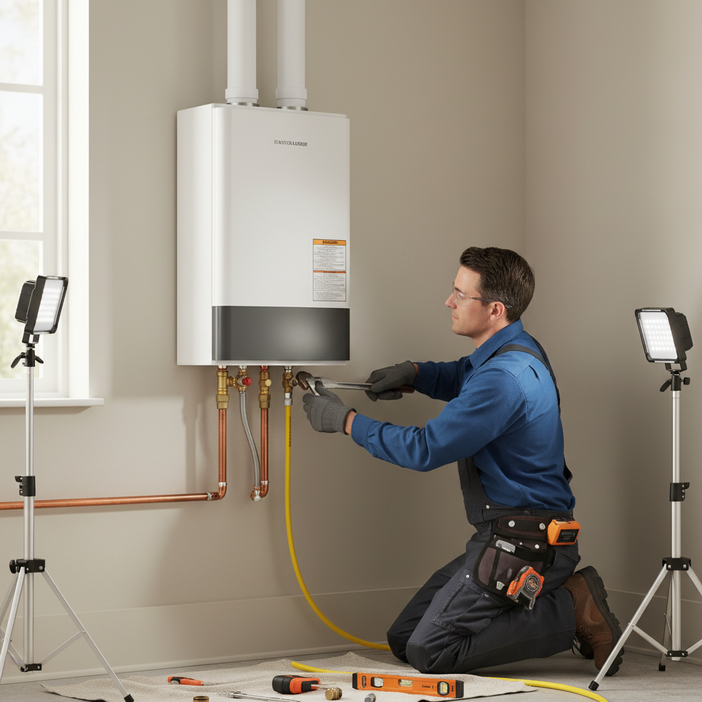 Natural Gas Tankless Water Heater Installation Professional plumber installing natural gas tankless water heater with gas lines and venting on utility room wall