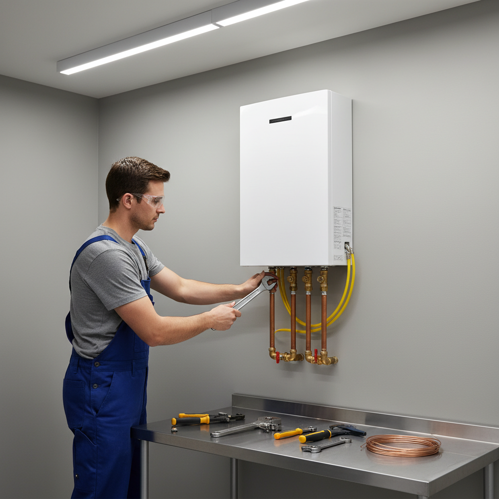 Natural Gas Tankless Water Heater Installation Professional plumber installing natural gas tankless water heater with visible pipes and connections