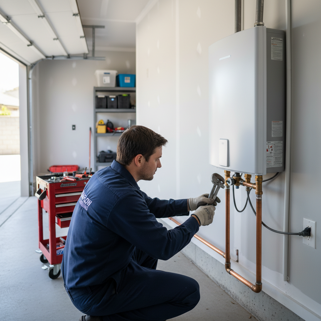 Same-Day Water Heater Installation by Licensed Pro Professional plumber performing same-day water heater installation in modern residential garage with tools and equipment