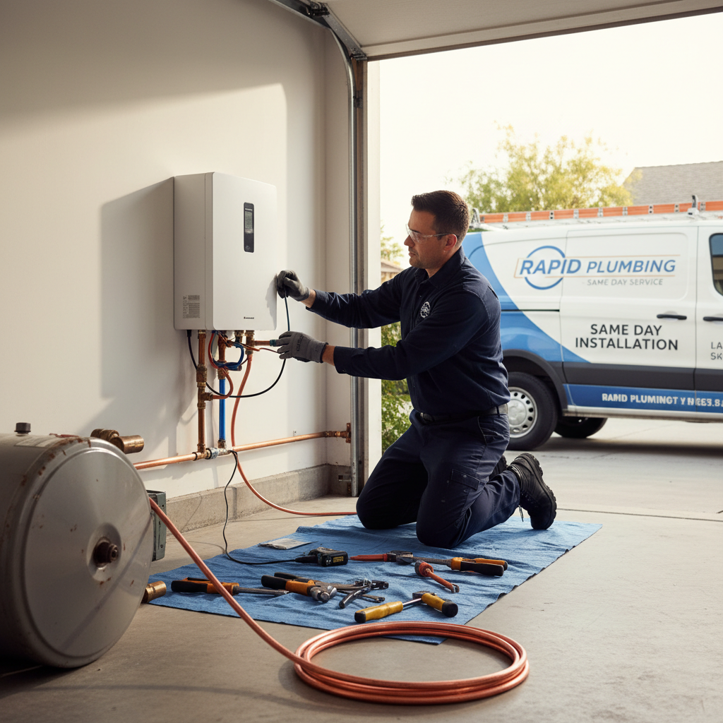 Same-Day Water Heater Installation in Progress Professional plumber performing same-day water heater installation in residential garage with modern tankless unit