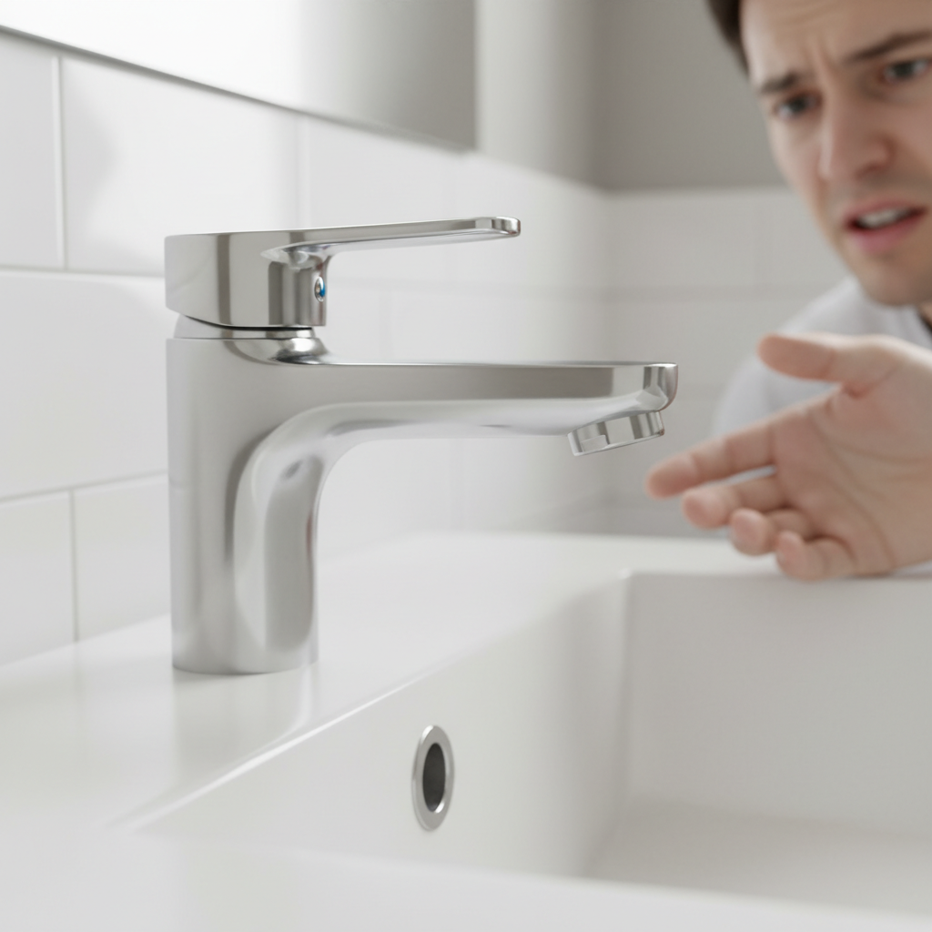 Faucet Set to Hot But No Water Flowing Chrome faucet handle turned to hot position with no water coming out of spout in residential bathroom