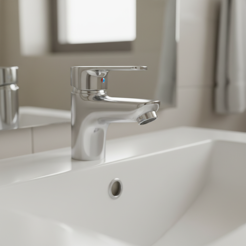 Hot Water Faucet Problem - No Water Flow Chrome faucet handle turned to hot position with no water flowing from spout on white bathroom sink