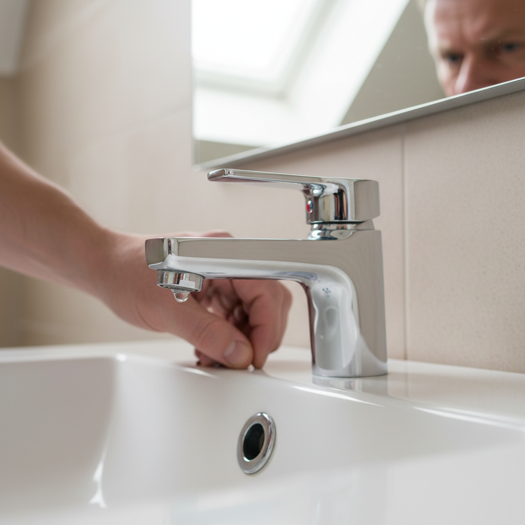 Hot Water Faucet Handle Turned But No Flow Chrome faucet turned to hot position with no water flowing out of spout in residential bathroom sink