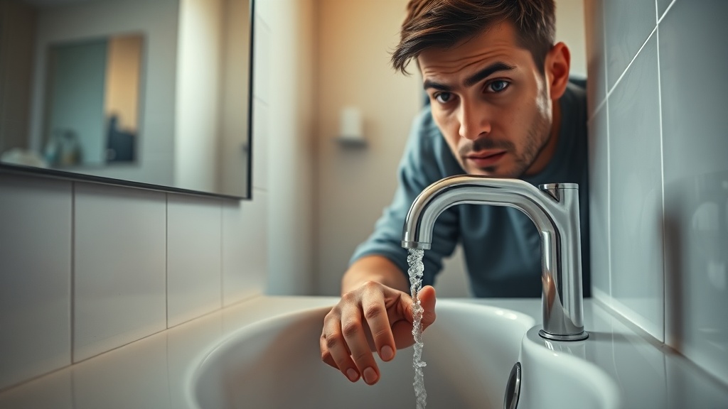 Tenant testing cold water tap with concerned expression during potential hot water maintenance emergency