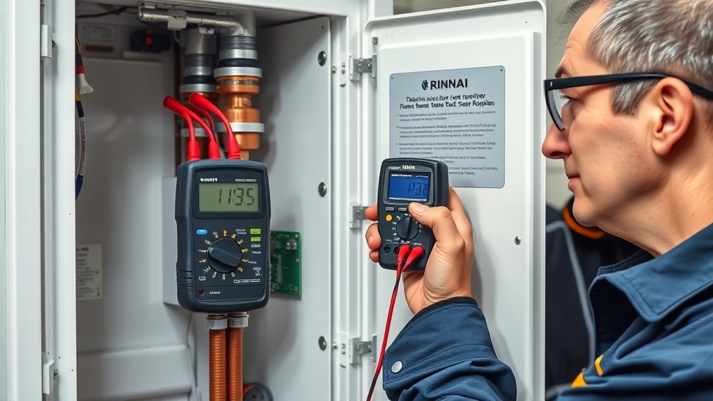 Diagnosing Flow Sensor Issues with Multimeter Technician testing Rinnai tankless water heater flow sensor with multimeter to diagnose no hot water issue