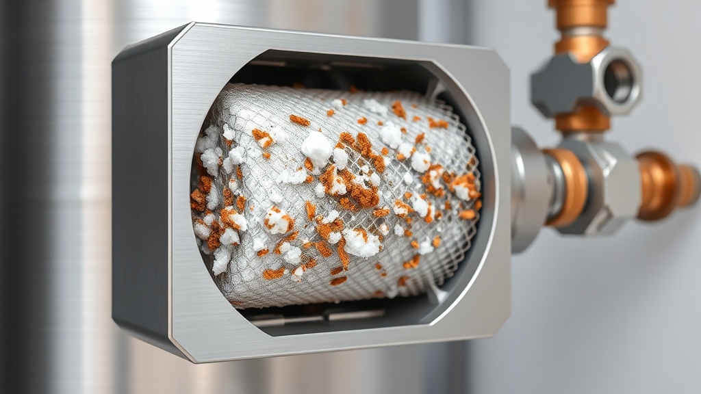 Clogged Inlet Filter Preventing Water Flow Cutaway view of Rinnai water heater inlet filter clogged with sediment causing no-error flow problems