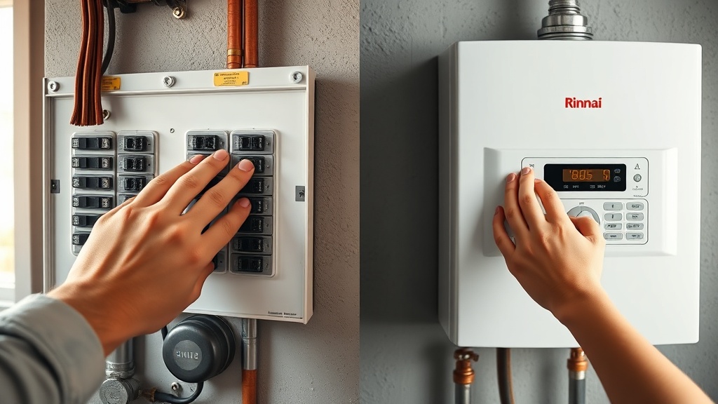 Homeowner checking breaker panel and gas valve on Rinnai hot water heater with no error code displayed