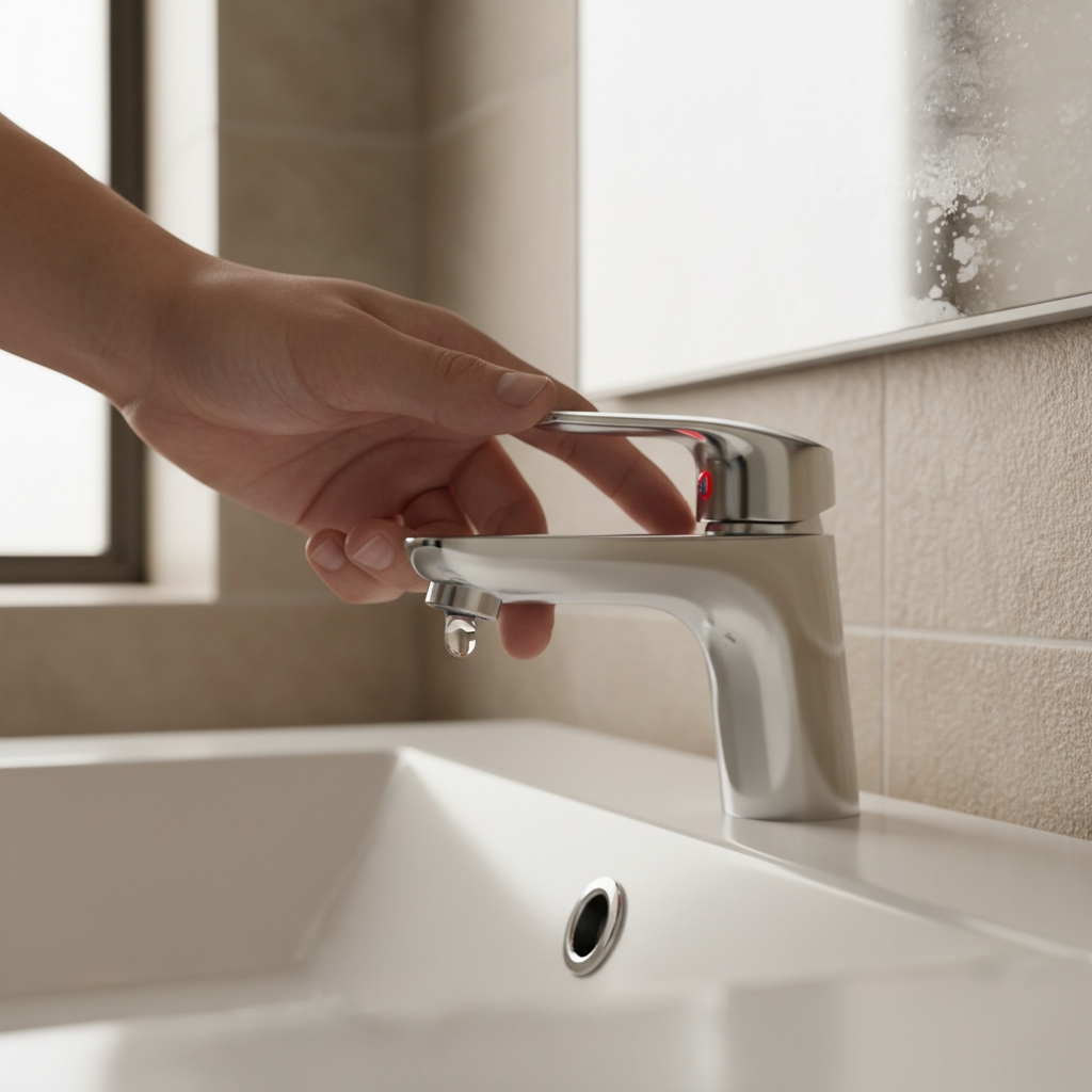 Faucet on Hot Setting But No Water Flows Chrome faucet handle turned to hot position with no water flowing from spout in modern bathroom sink