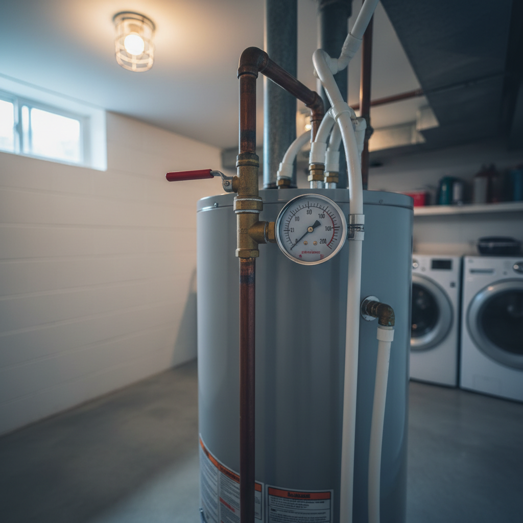 Water Heater Pressure Gauge at Zero PSI Hot water heater pressure gauge reading zero showing no pressure issue in residential basement