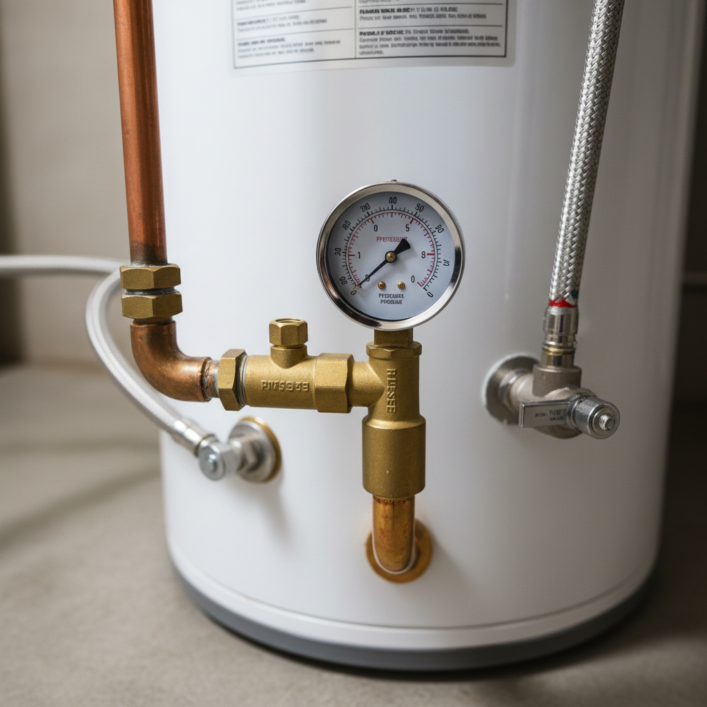 Hot water heater pressure gauge showing zero pressure with visible relief valve and plumbing connections
