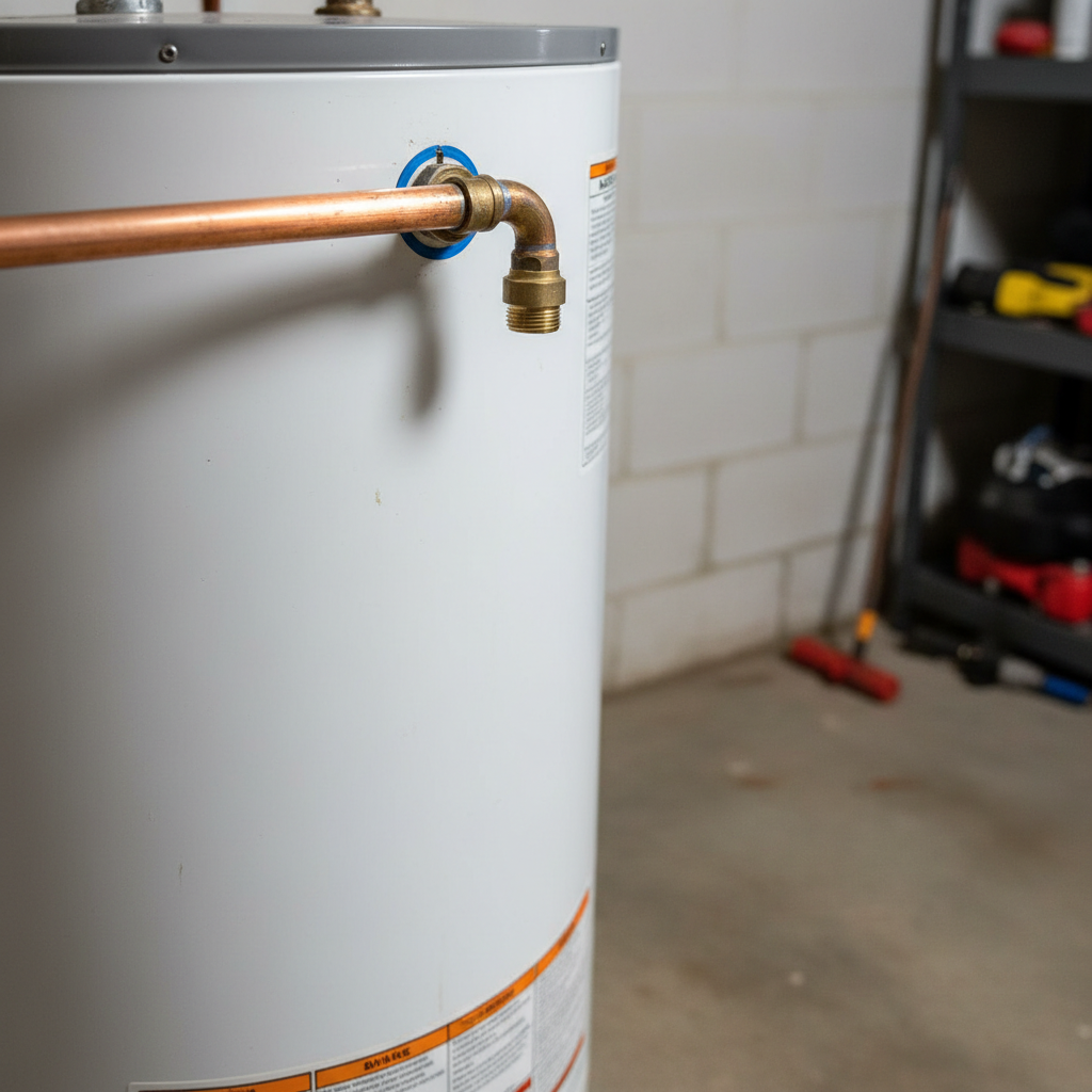 Missing Shut-Off Valve on Water Heater Inlet Hot water heater cold water inlet pipe without shut-off valve showing common plumbing safety issue