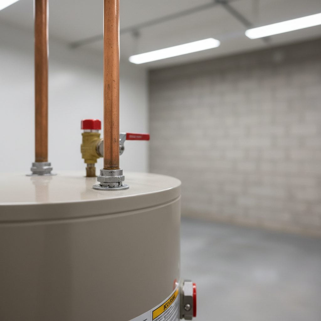 Hot water heater inlet pipe without shut-off valve showing unsafe direct connection to tank