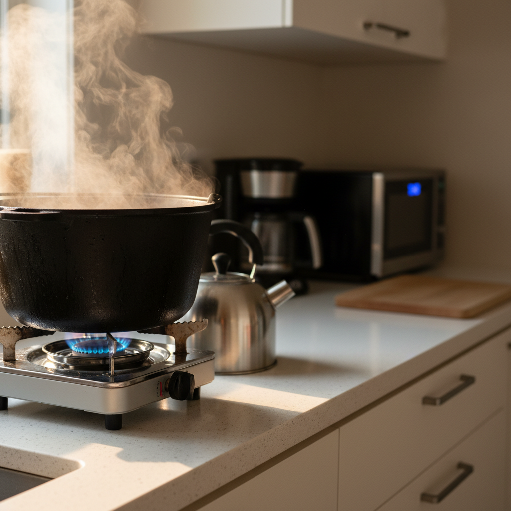 Gas camping stove heating pot of water on kitchen counter during power outage for hot water with no power