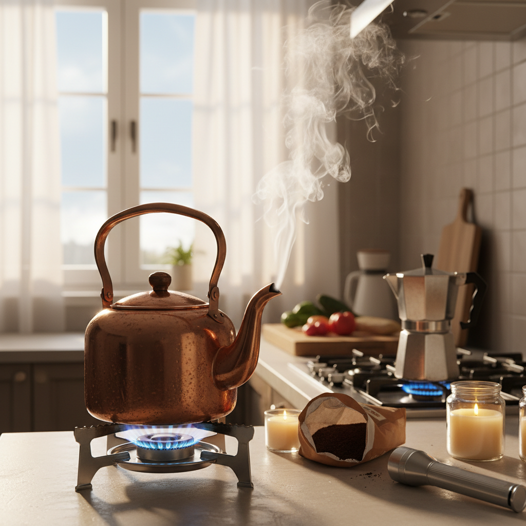 Alternative Water Heating Methods Without Electricity Gas stove heating metal kettle with steam during power outage for hot water with no power solutions