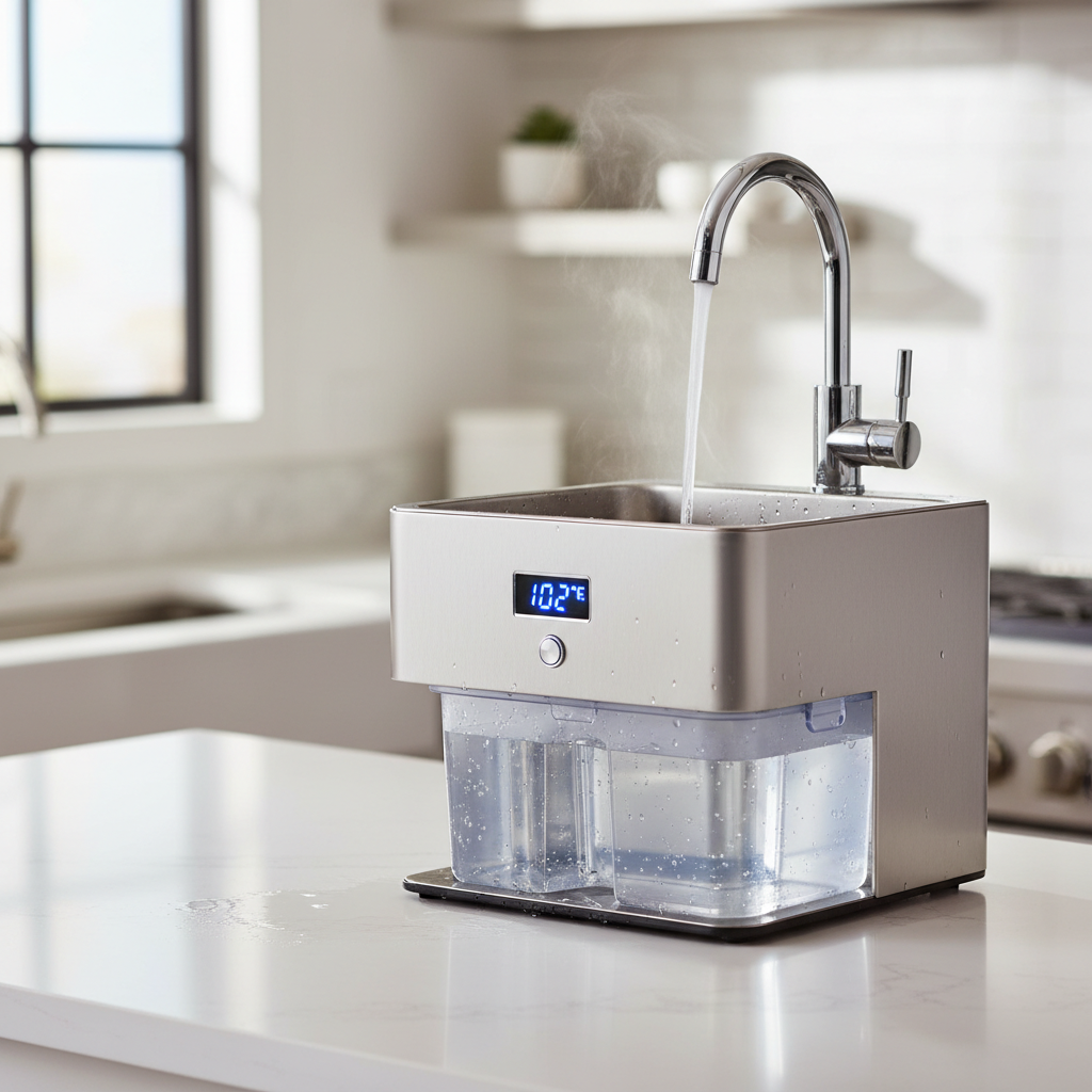 Self-Contained Hot Water Sink - No Plumbing Needed Portable electric sink with hot water heater and no plumbing connections on countertop with steam rising from faucet