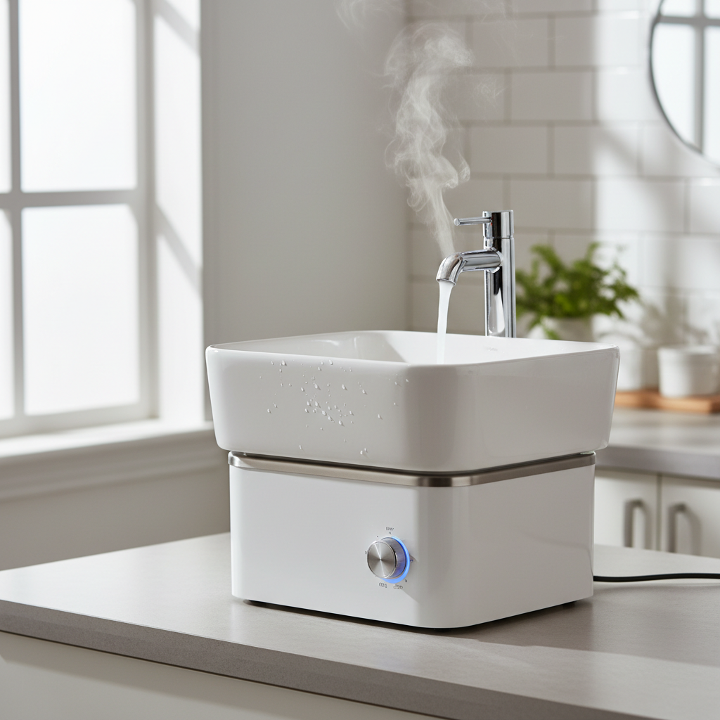 Portable sink with integrated hot water heater showing no plumbing connections, steam rising from modern faucet