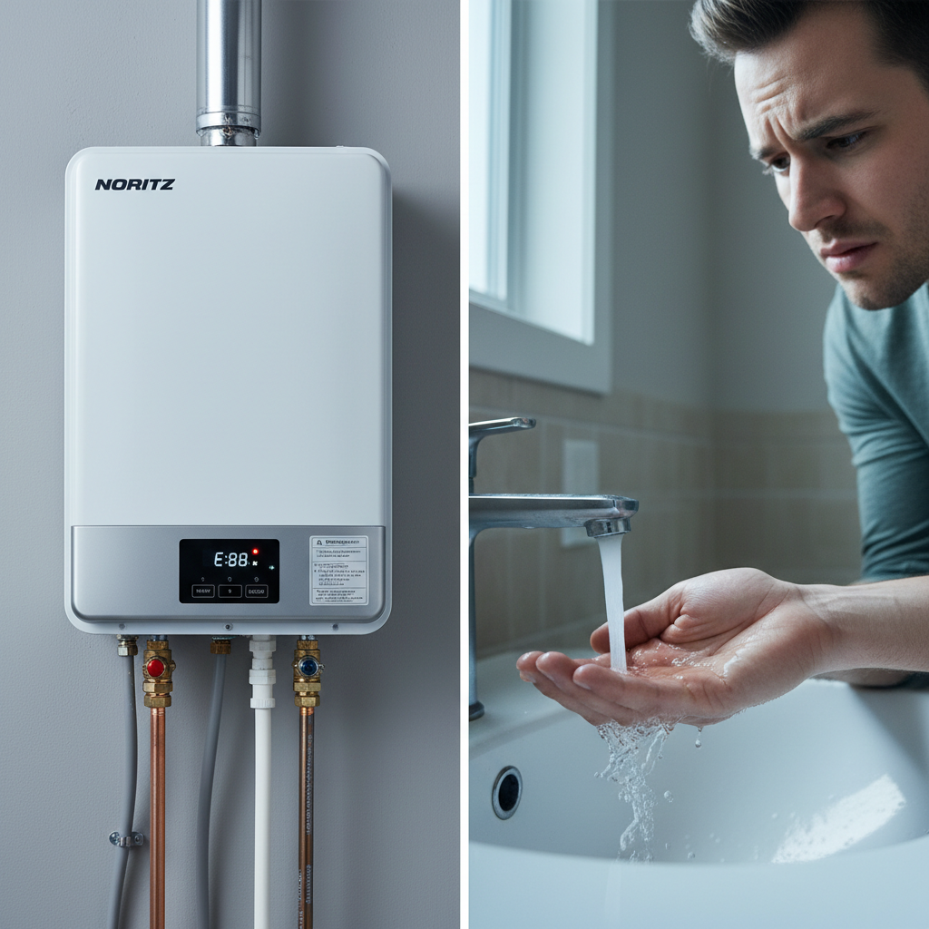 Noritz Tankless Water Heater No Hot Water Issue Noritz tankless water heater with error display while homeowner tests faucet with no hot water flowing